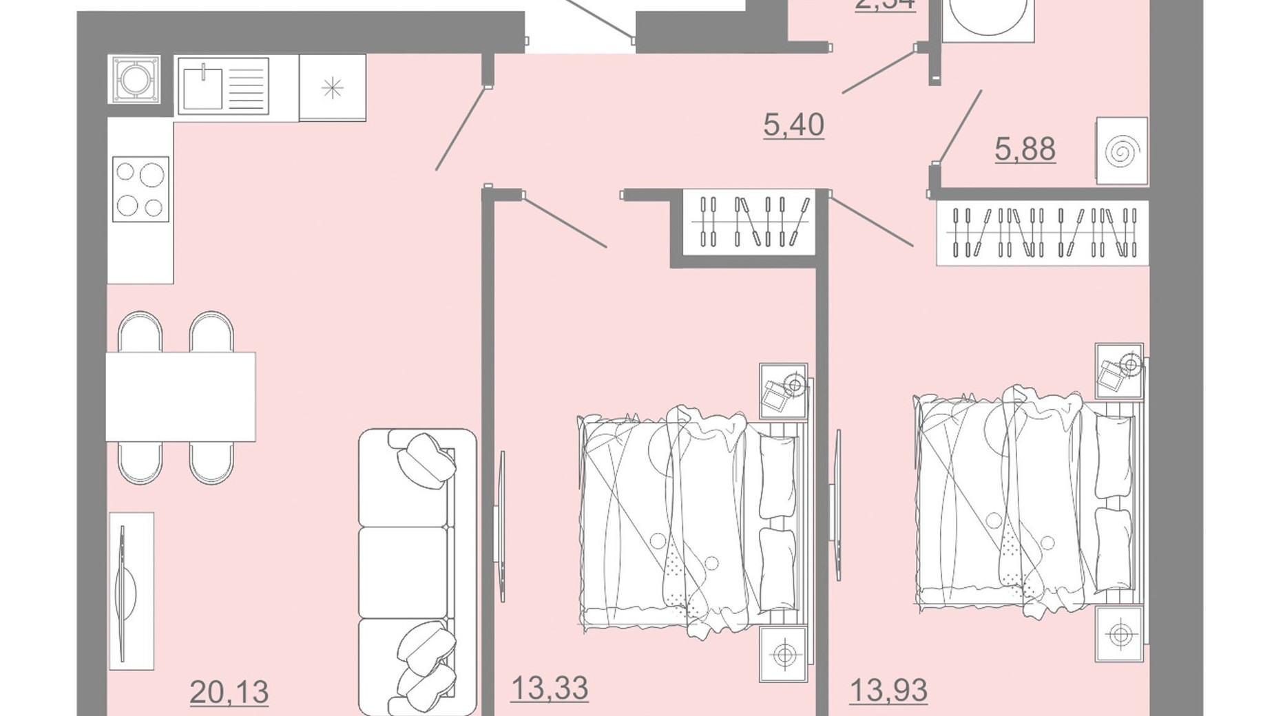 Планування 2-кімнатної квартири в ЖК Проект Панорама 62.26 м², фото 529379