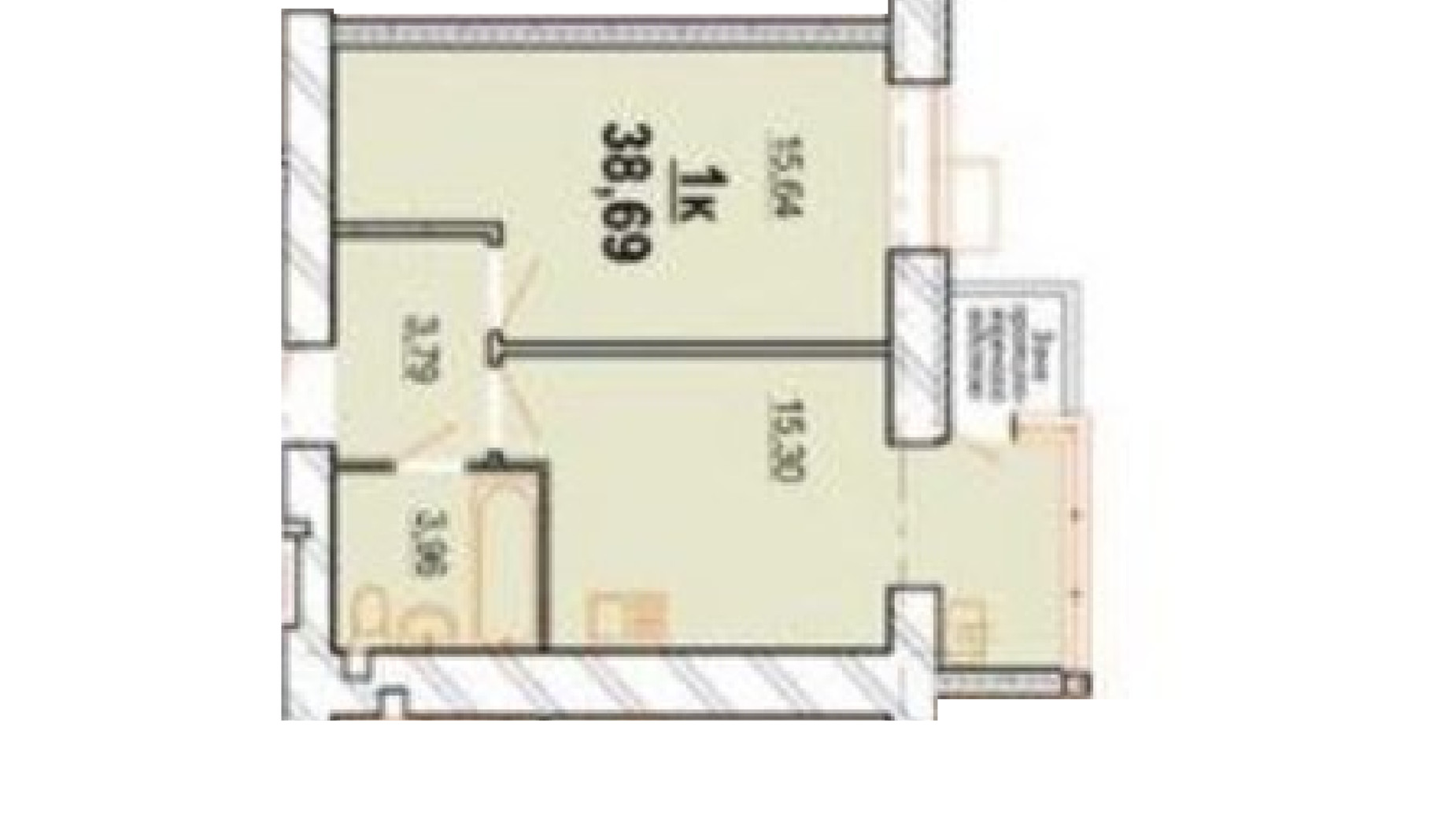 Планування 1-кімнатної квартири в ЖК Волошковий 38.69 м², фото 529397