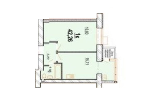 ЖК Волошковий: планування 1-кімнатної квартири 42.26 м²