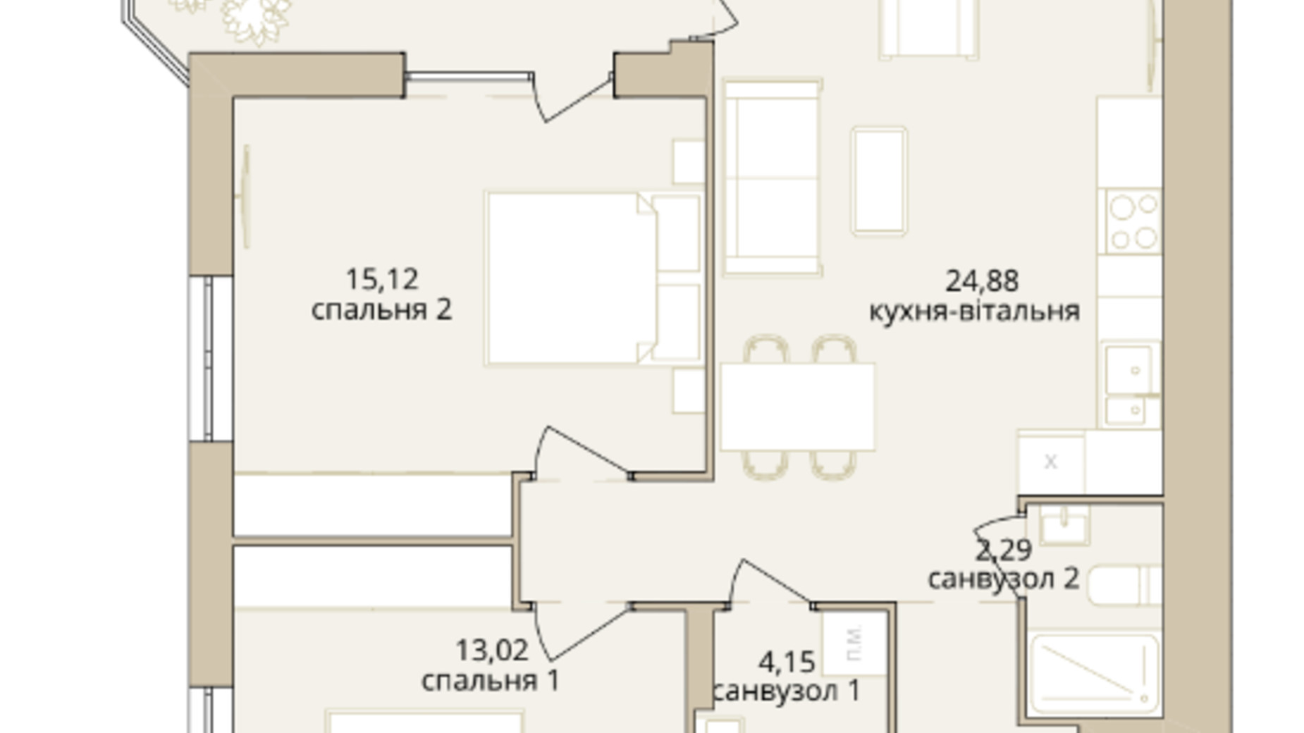 Планування 2-кімнатної квартири в ЖК Dream Lake 67.31 м², фото 529482