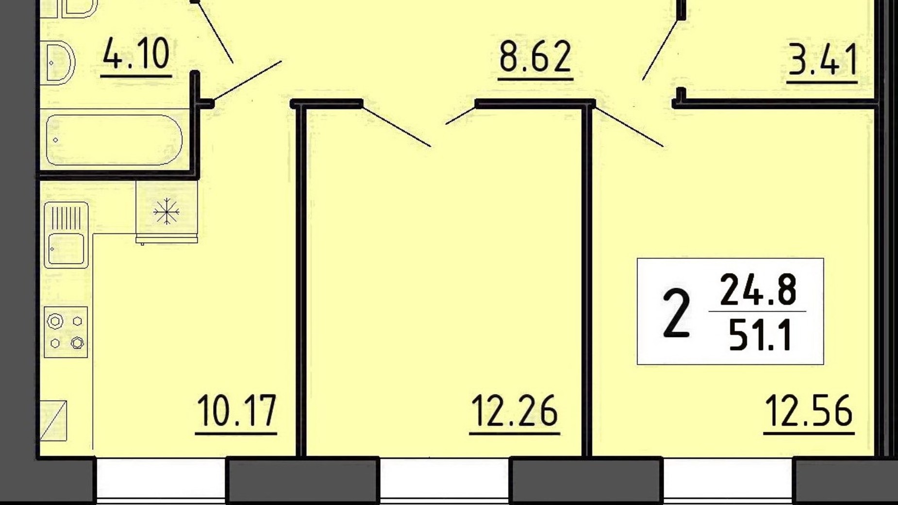 Планування 2-кімнатної квартири в Квартал Енергія 51.48 м², фото 530250