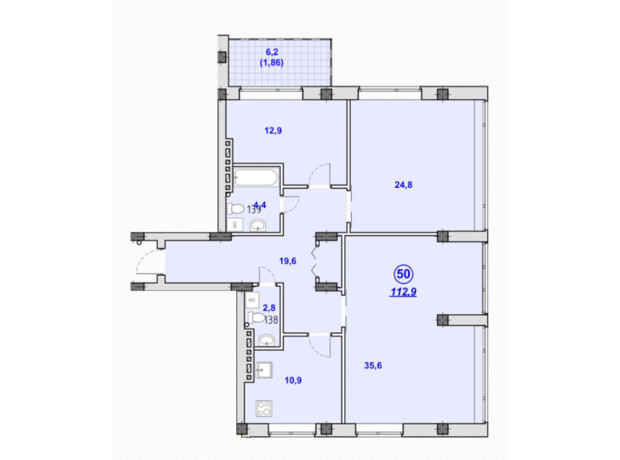 ЖК Південний: планування 3-кімнатної квартири 112.9 м²