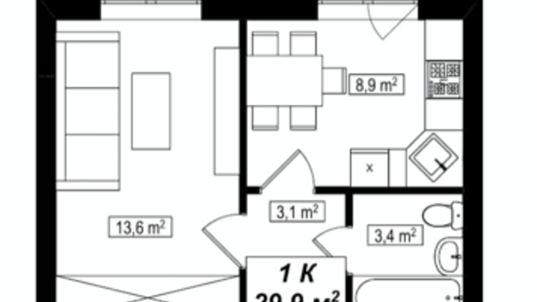 Планировка 1-комнатной квартиры в ЖК Амстердам Клубный 29.9 м², фото 530779