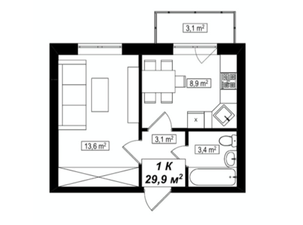 ЖК Амстердам Клубний: планування 1-кімнатної квартири 29.9 м²