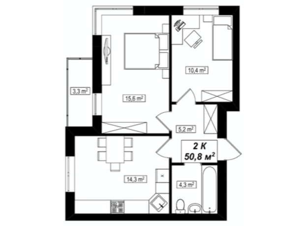 ЖК Амстердам Клубный: планировка 2-комнатной квартиры 50.8 м²