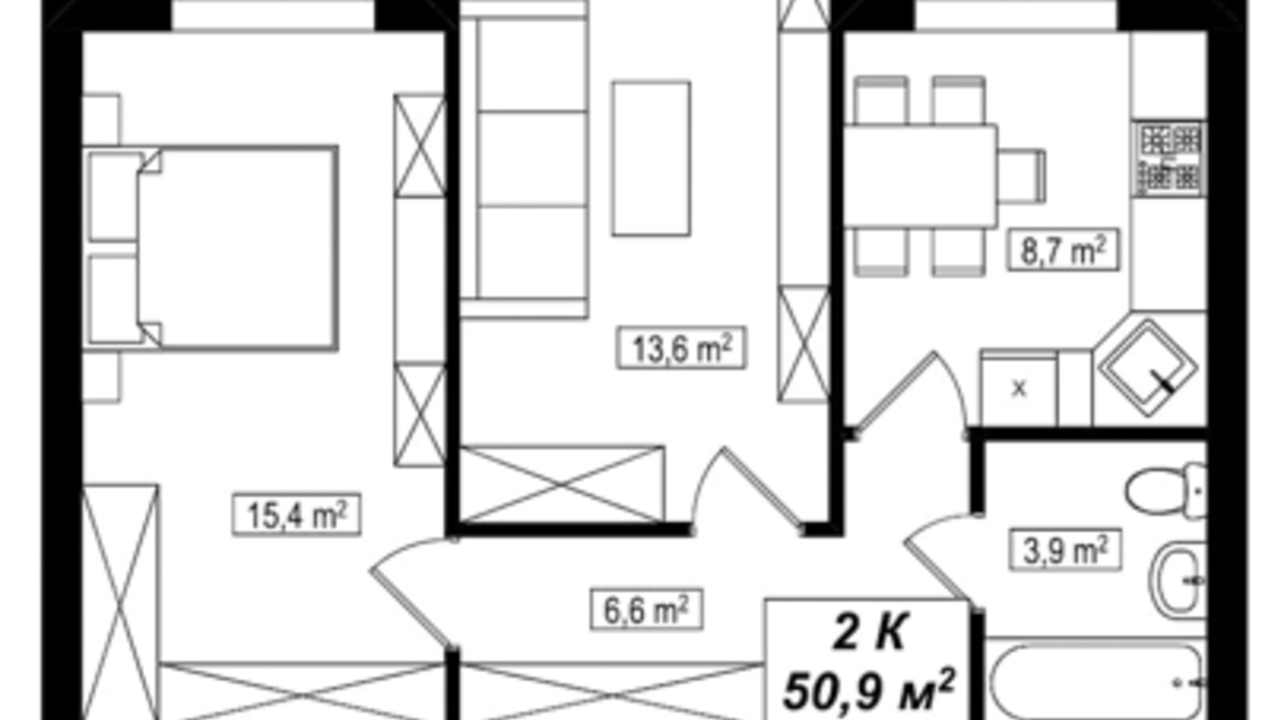 Планування 2-кімнатної квартири в ЖК Амстердам Клубний 50.9 м², фото 530786