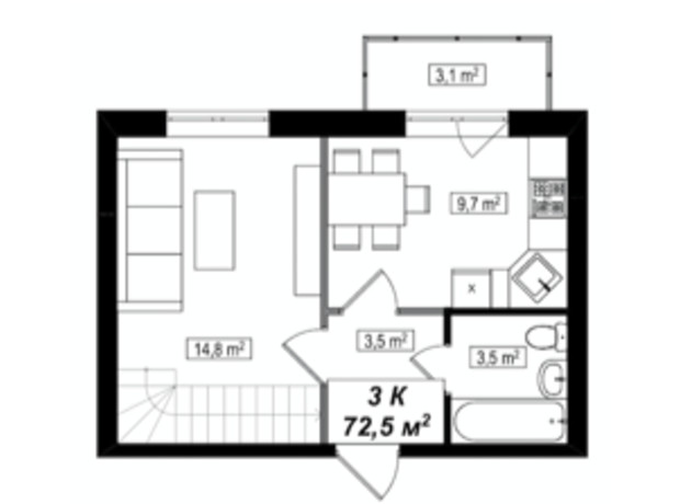 ЖК Амстердам Клубний: планування 3-кімнатної квартири 72.5 м²