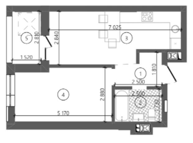 ЖК Фруктовая аллея: планировка 1-комнатной квартиры 42.55 м²