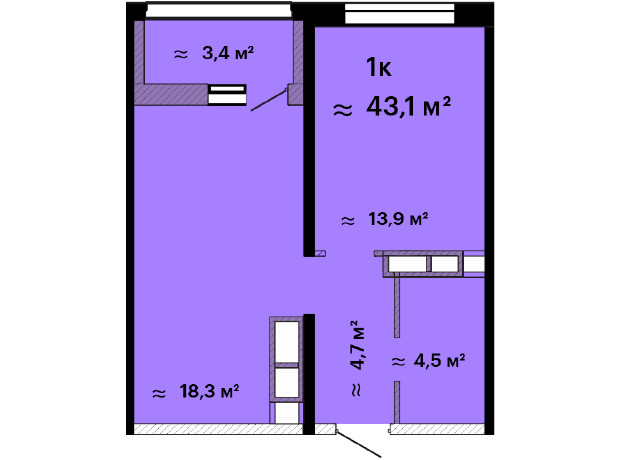 ЖК Скай Сити: планировка 1-комнатной квартиры 44.3 м²