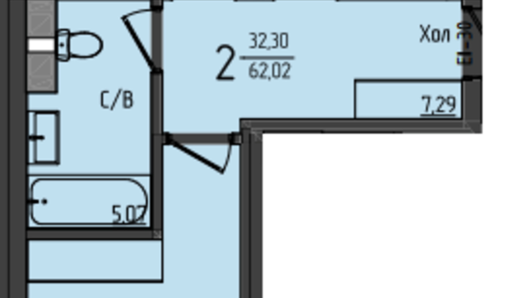 Планування 2-кімнатної квартири в ЖК Аметист 62.02 м², фото 531410