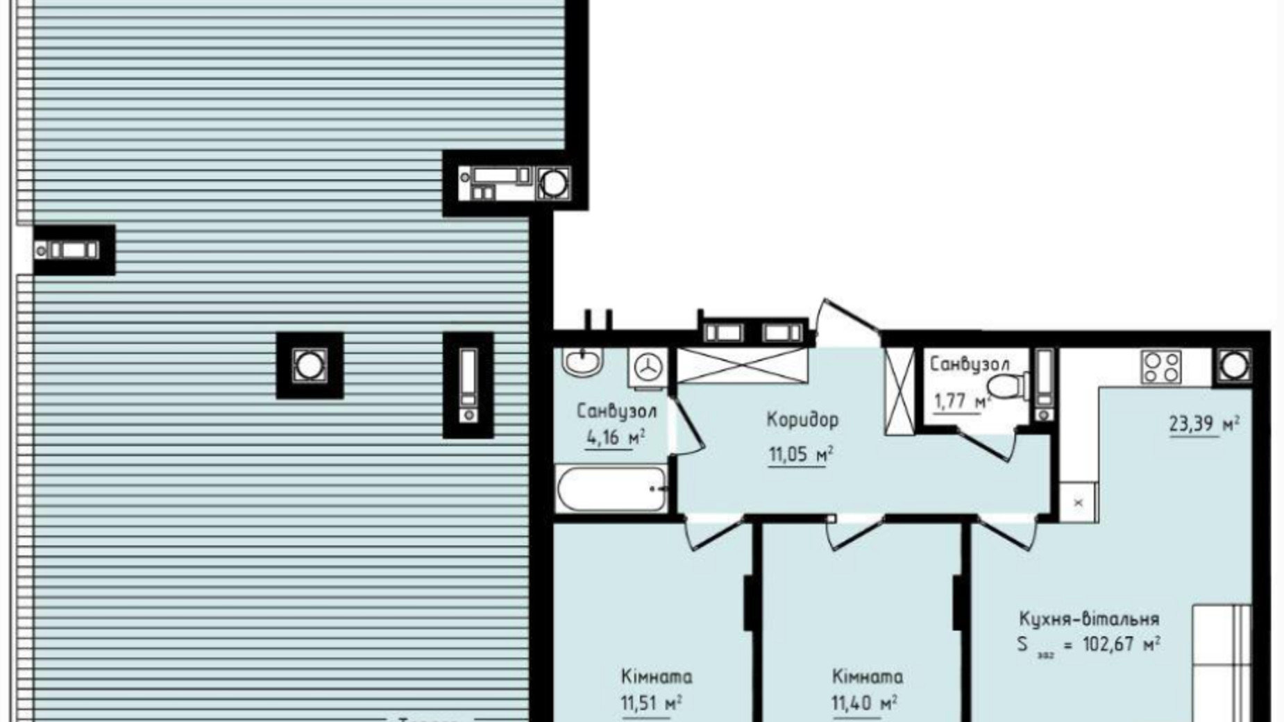 Планування 2-кімнатної квартири в ЖК Globus Premium 102.67 м², фото 531620