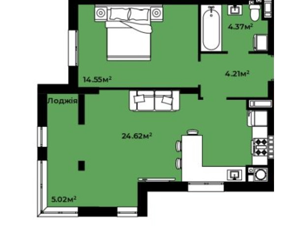ЖК Continent Green: планировка 1-комнатной квартиры 52.77 м²
