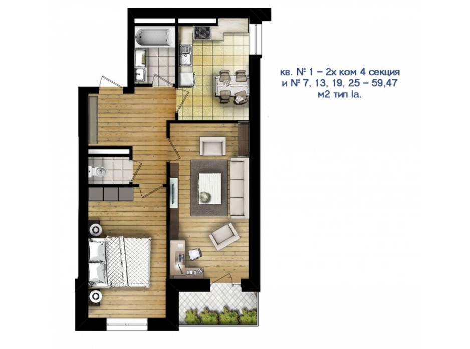 Планировка 2-комнатной квартиры в ЖК Новый массив 59.47 м², фото 53200 Планировка 2-комнатной квартиры в ЖК Новый массив 59.47 м², фото 53200
