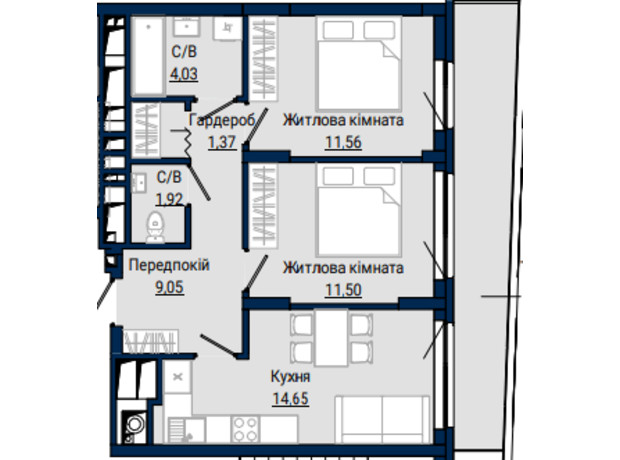 ЖК Helga: планування 2-кімнатної квартири 57.53 м²