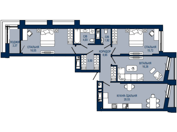 ЖК Helga: планування 3-кімнатної квартири 92.33 м²