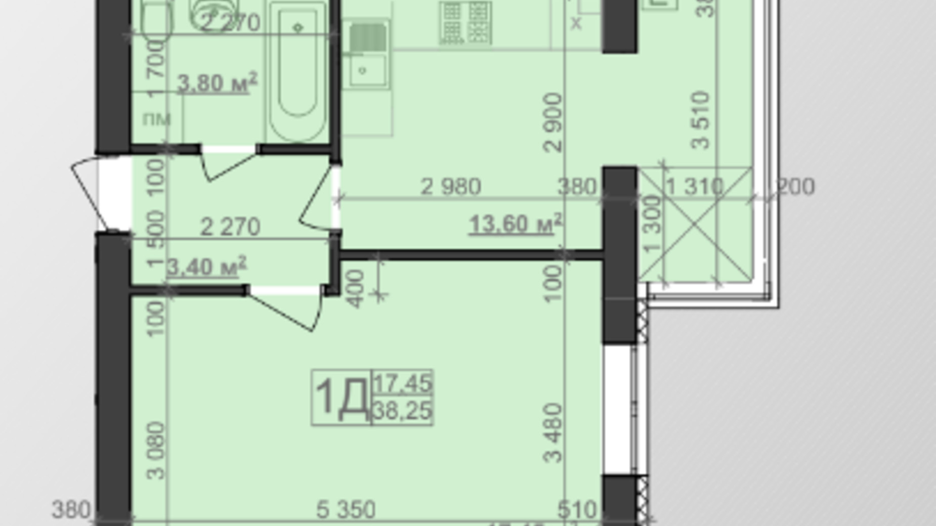 Планування 1-кімнатної квартири в ЖК Зоря 37.3 м², фото 534754