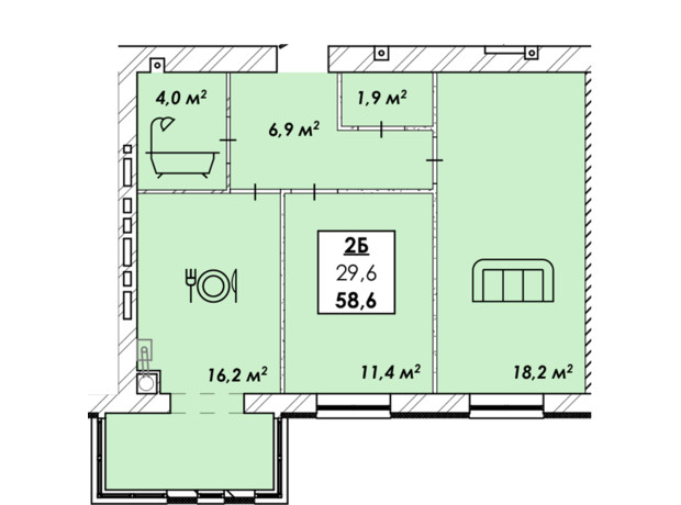 ЖК Рідний Дім: планування 2-кімнатної квартири 58.6 м²