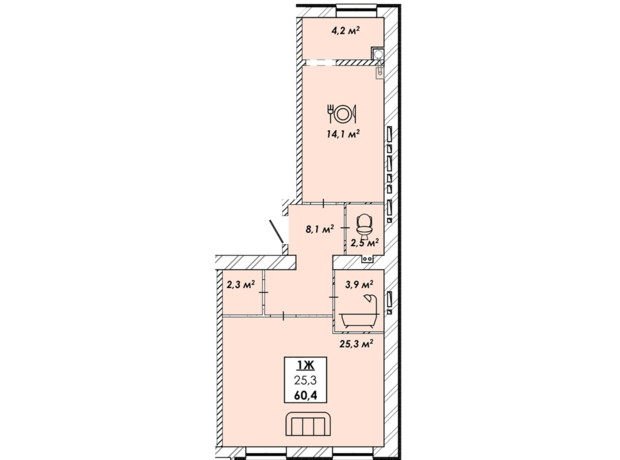 ЖК Рідний Дім: планування 1-кімнатної квартири 60.4 м²