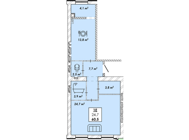 ЖК Рідний Дім: планування 1-кімнатної квартири 60.5 м²