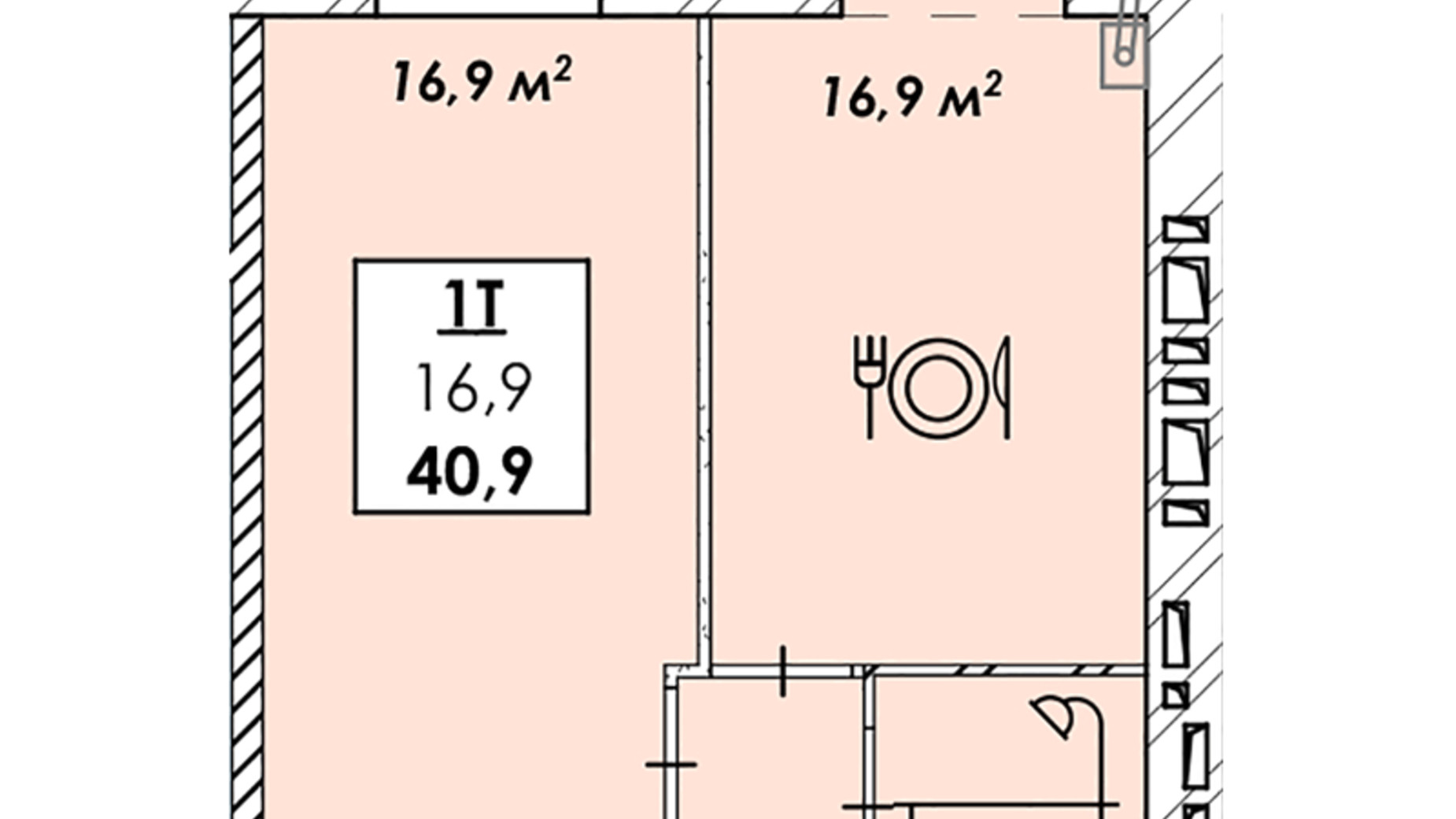 Планування 1-кімнатної квартири в ЖК Рідний Дім 40.9 м², фото 534974
