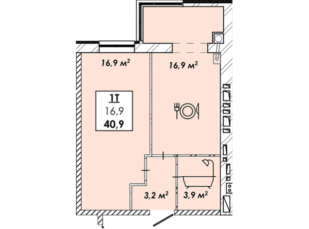 ЖК Рідний Дім: планування 1-кімнатної квартири 40.9 м²