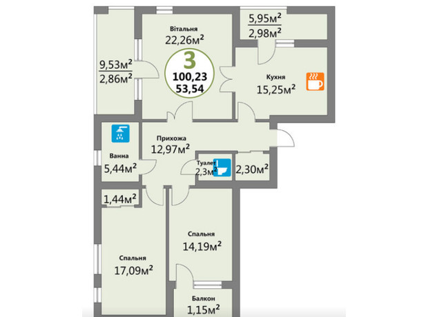ЖК Эко-дом на Надийний: планировка 3-комнатной квартиры 100.23 м²