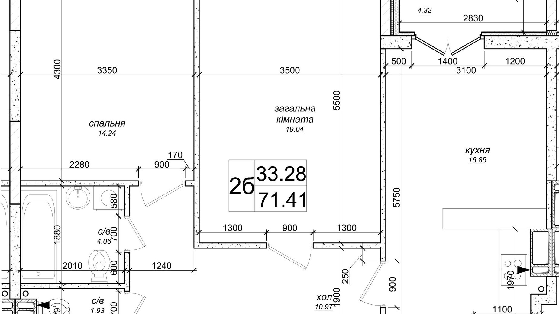 Планировка 2-комнатной квартиры в ЖК на Озерной 71.41 м², фото 536704