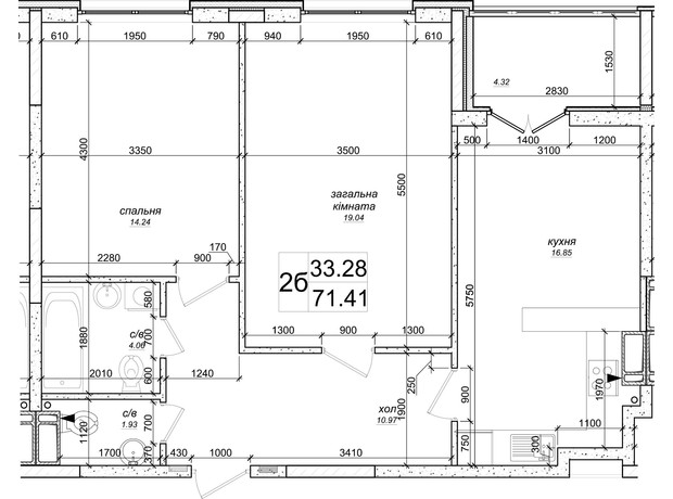 ЖК на Озерной: планировка 2-комнатной квартиры 71.41 м²