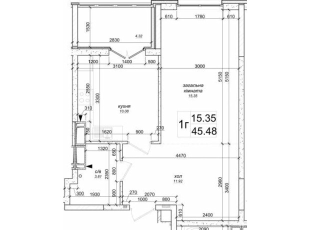 ЖК на Озерной: планировка 1-комнатной квартиры 45.48 м²