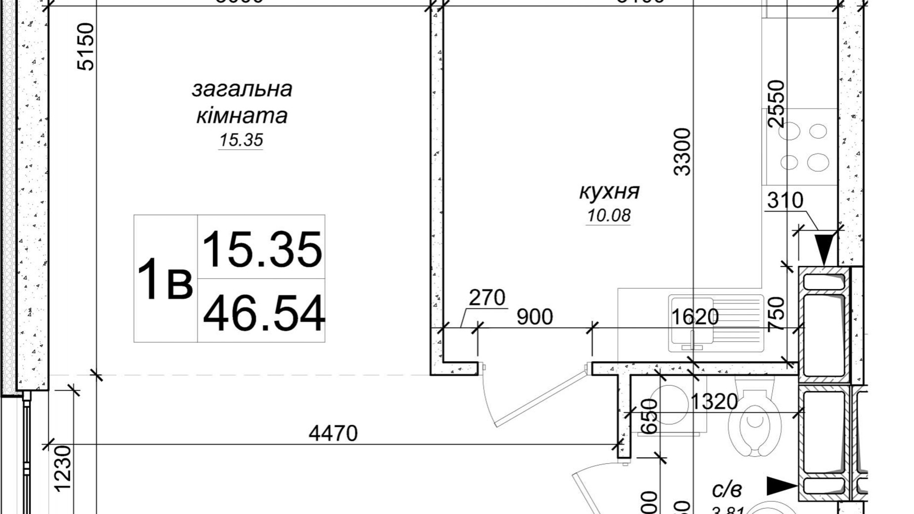 Планировка 2-комнатной квартиры в ЖК на Озерной 46.54 м², фото 536750
