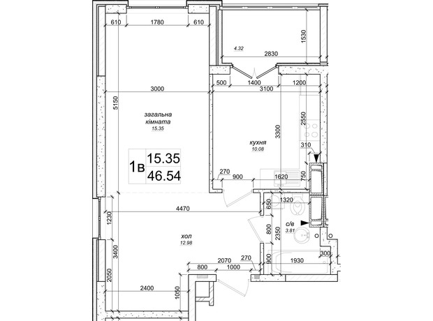 ЖК на Озерной: планировка 2-комнатной квартиры 46.54 м²