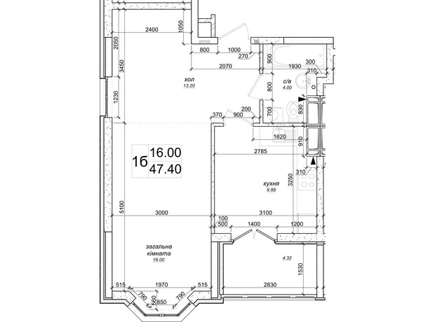 ЖК на Озерній: планування 2-кімнатної квартири 47.4 м²