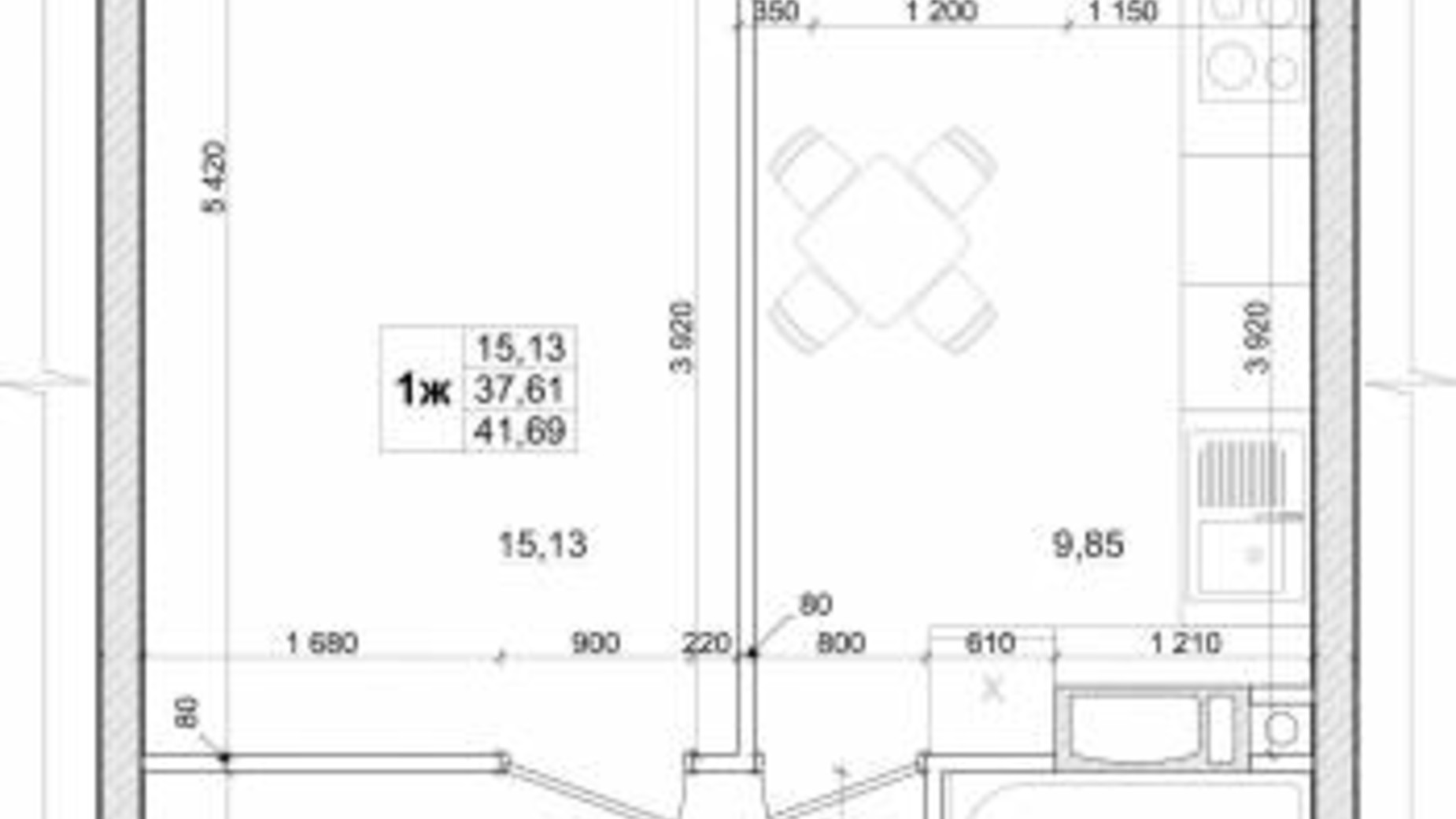 Планировка 1-комнатной квартиры в ЖК Вудлайн 41.69 м², фото 537267