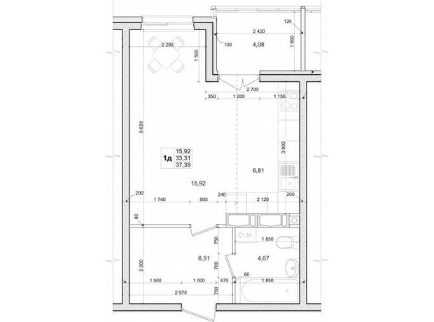 ЖК Вудлайн: планування 1-кімнатної квартири 37.39 м²