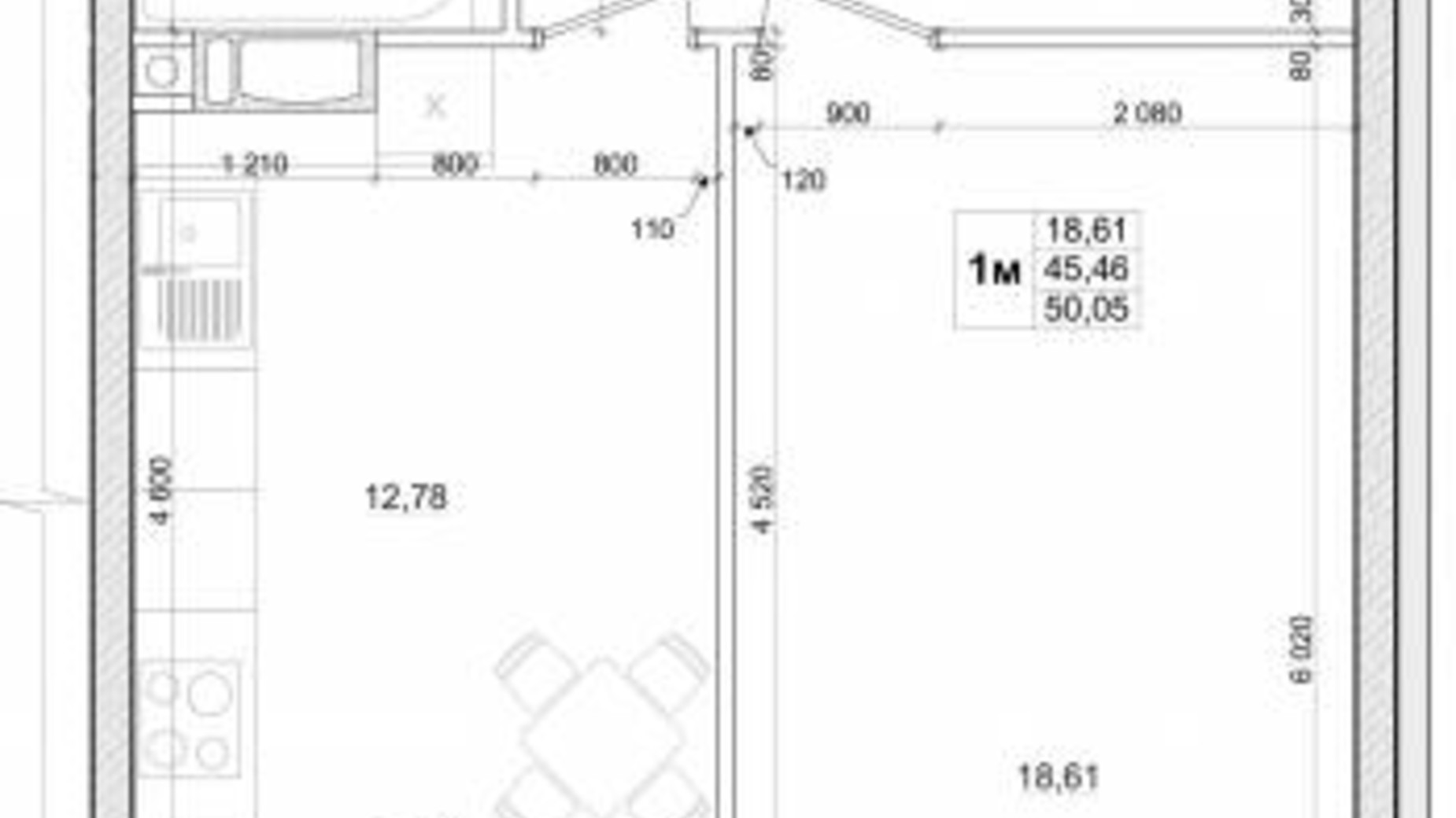 Планировка 1-комнатной квартиры в ЖК Вудлайн 50.05 м², фото 537269