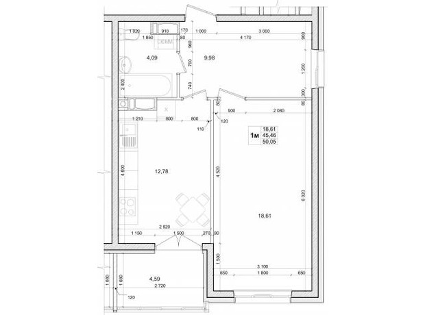 ЖК Вудлайн: планування 1-кімнатної квартири 50.05 м²