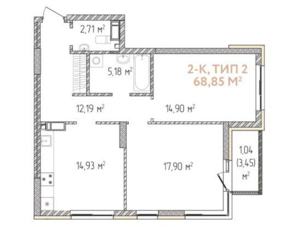 ЖК Krona Park 2: планування 2-кімнатної квартири 68.85 м²