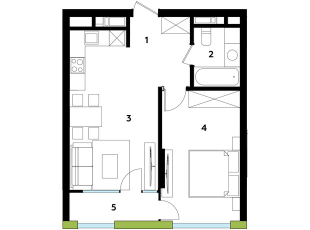 ЖК Madison Gardens: планування 1-кімнатної квартири 47.4 м²