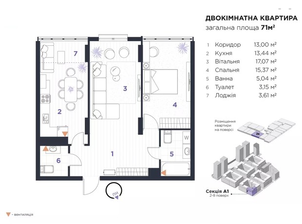 ЖК Manhattan Up: планування 2-кімнатної квартири 71 м²