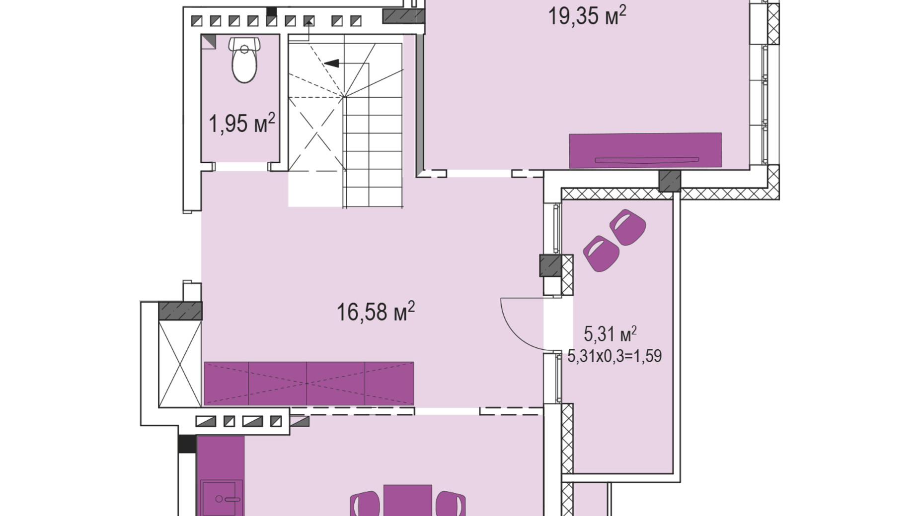 Планировка много­уровневой квартиры в ЖК Лавандовый 100.55 м², фото 537788