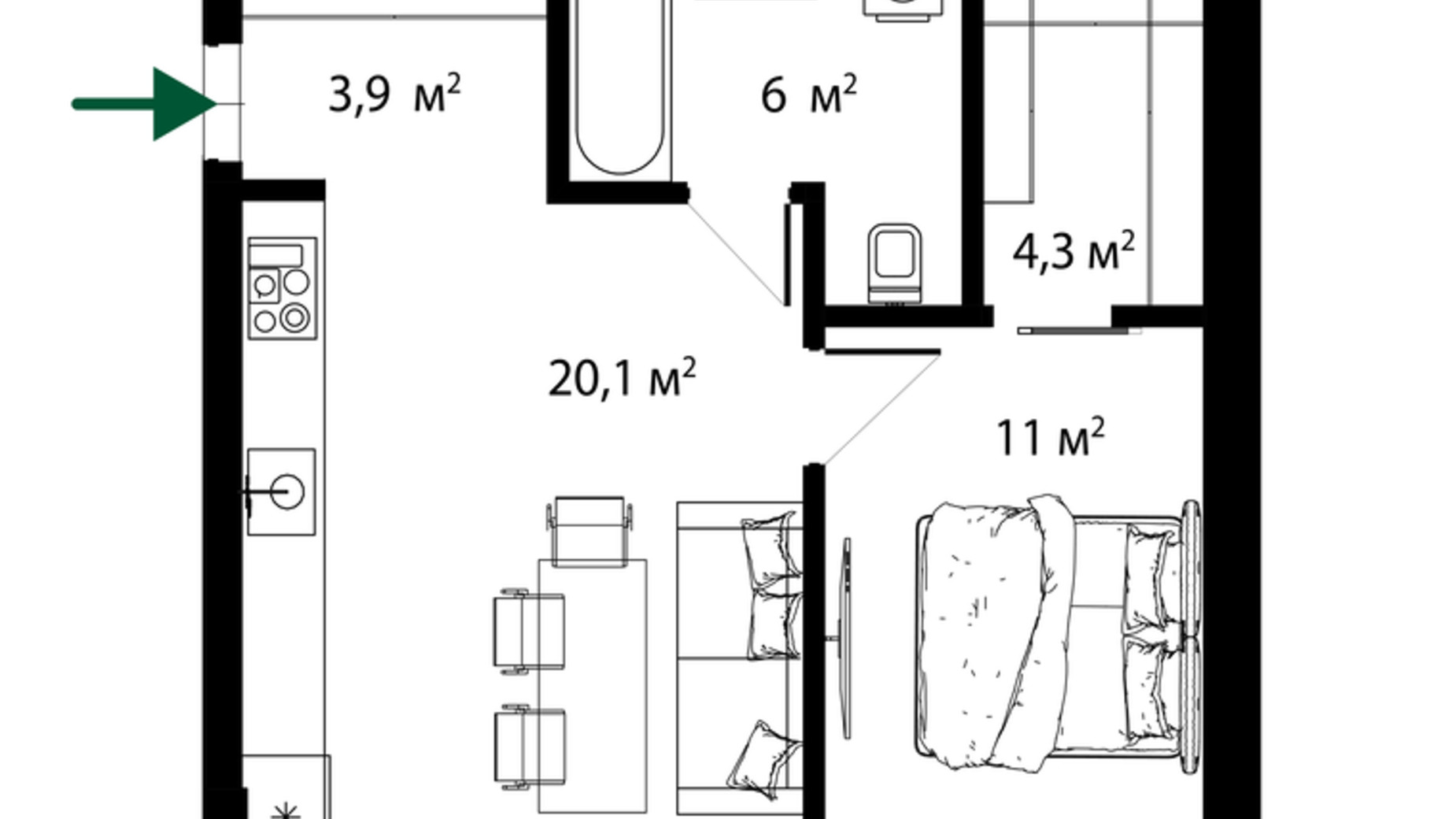 Планування 1-кімнатної квартири в ЖК Sherwood 45 м², фото 537808