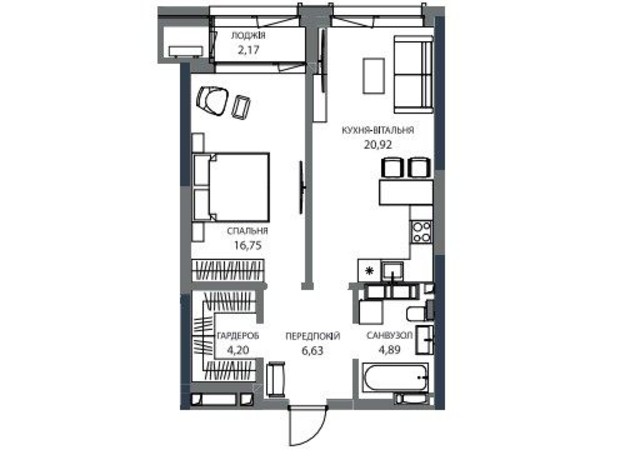 Инновационный комплекс A136 Highlight Tower: планировка 1-комнатной квартиры 55.79 м²