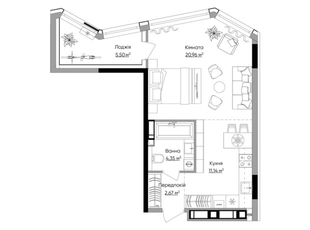 ЖК Lucky Land: планировка 1-комнатной квартиры 40.95 м²