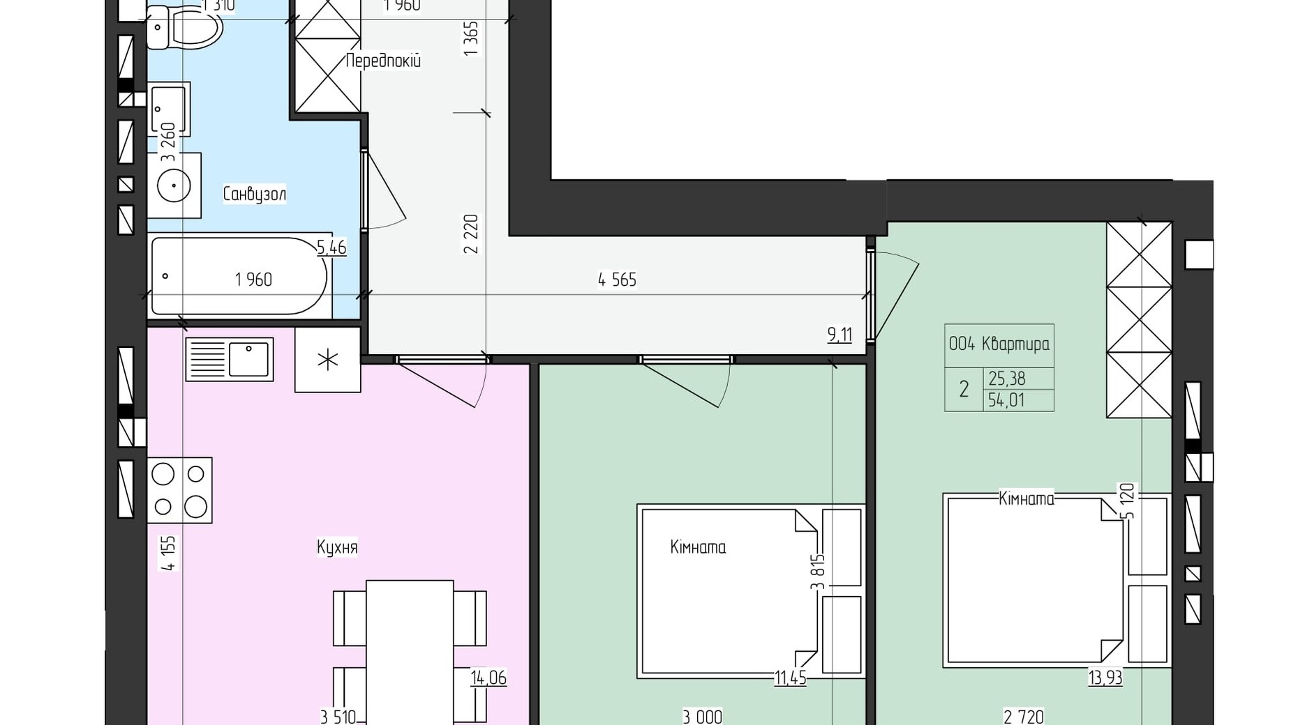 Планировка 2-комнатной квартиры в ЖК SkyCity 54.01 м², фото 538391