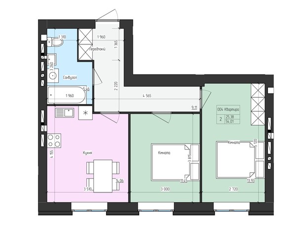 ЖК SkyCity: планировка 2-комнатной квартиры 54.01 м²