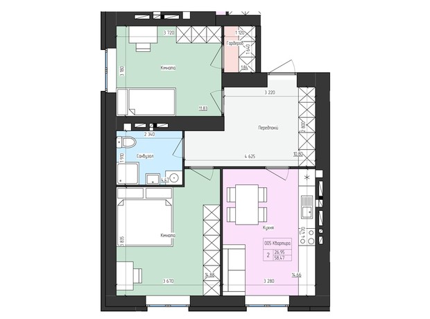 ЖК SkyCity: планування 2-кімнатної квартири 58.47 м²