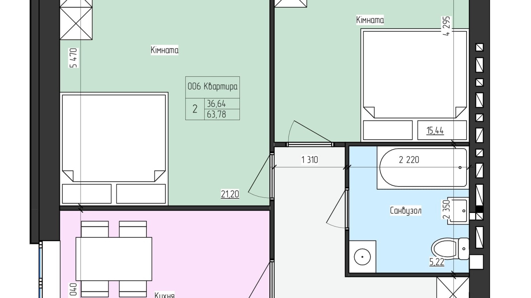 Планування 2-кімнатної квартири в ЖК SkyCity 63.78 м², фото 538393