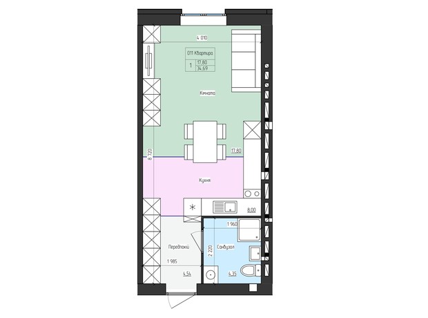 ЖК SkyCity: планировка 1-комнатной квартиры 34.69 м²