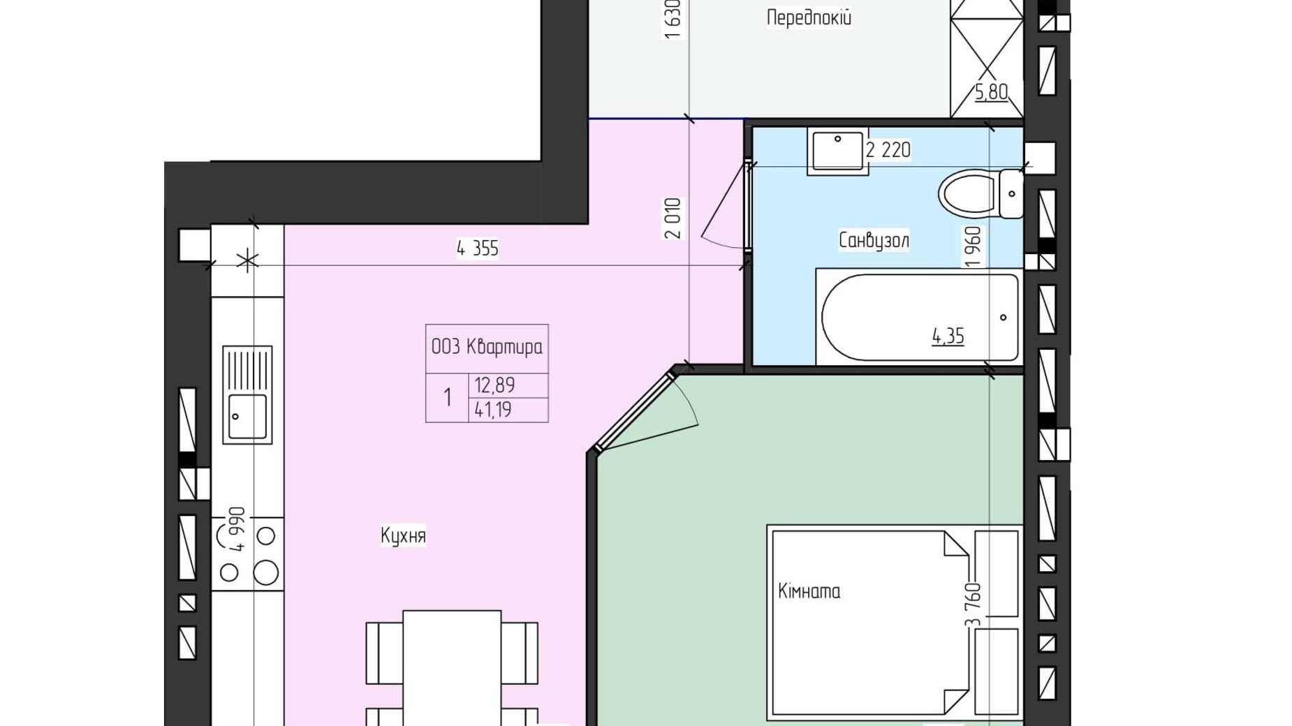 Планировка 1-комнатной квартиры в ЖК SkyCity 41.19 м², фото 538395