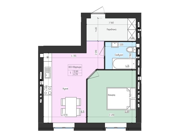 ЖК SkyCity: планування 1-кімнатної квартири 41.19 м²